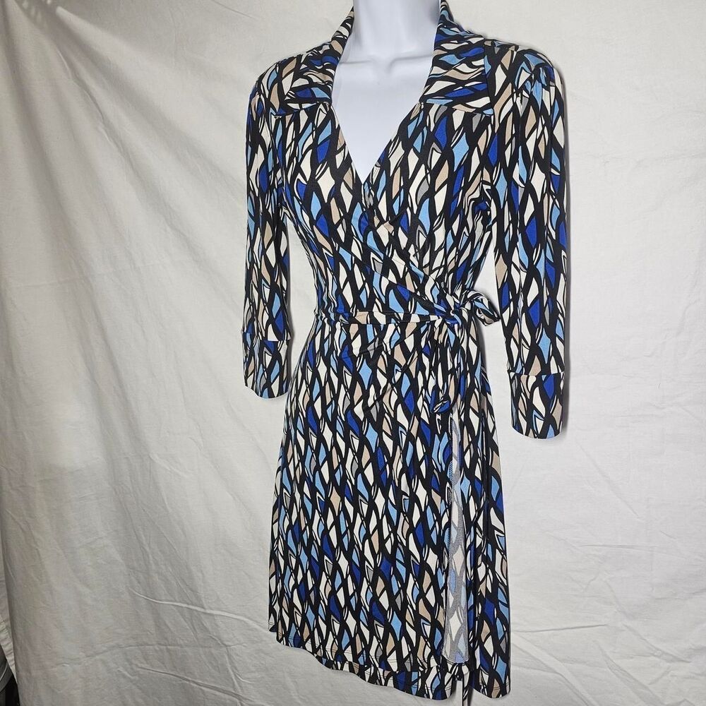 Abstract avant garde patterned blue wrap dress